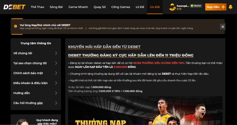 Khuyến mãi Debet tặng người chơi thêm 30% nạp lần 2