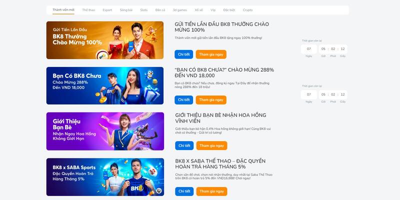 Tổng hợp ưu đãi tặng thưởng BK8 cho các thành viên