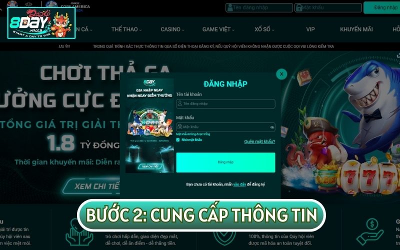 Cung cấp thông tin ĐĂNG NHẬP 8DAY vào biểu mẫu xuất hiện